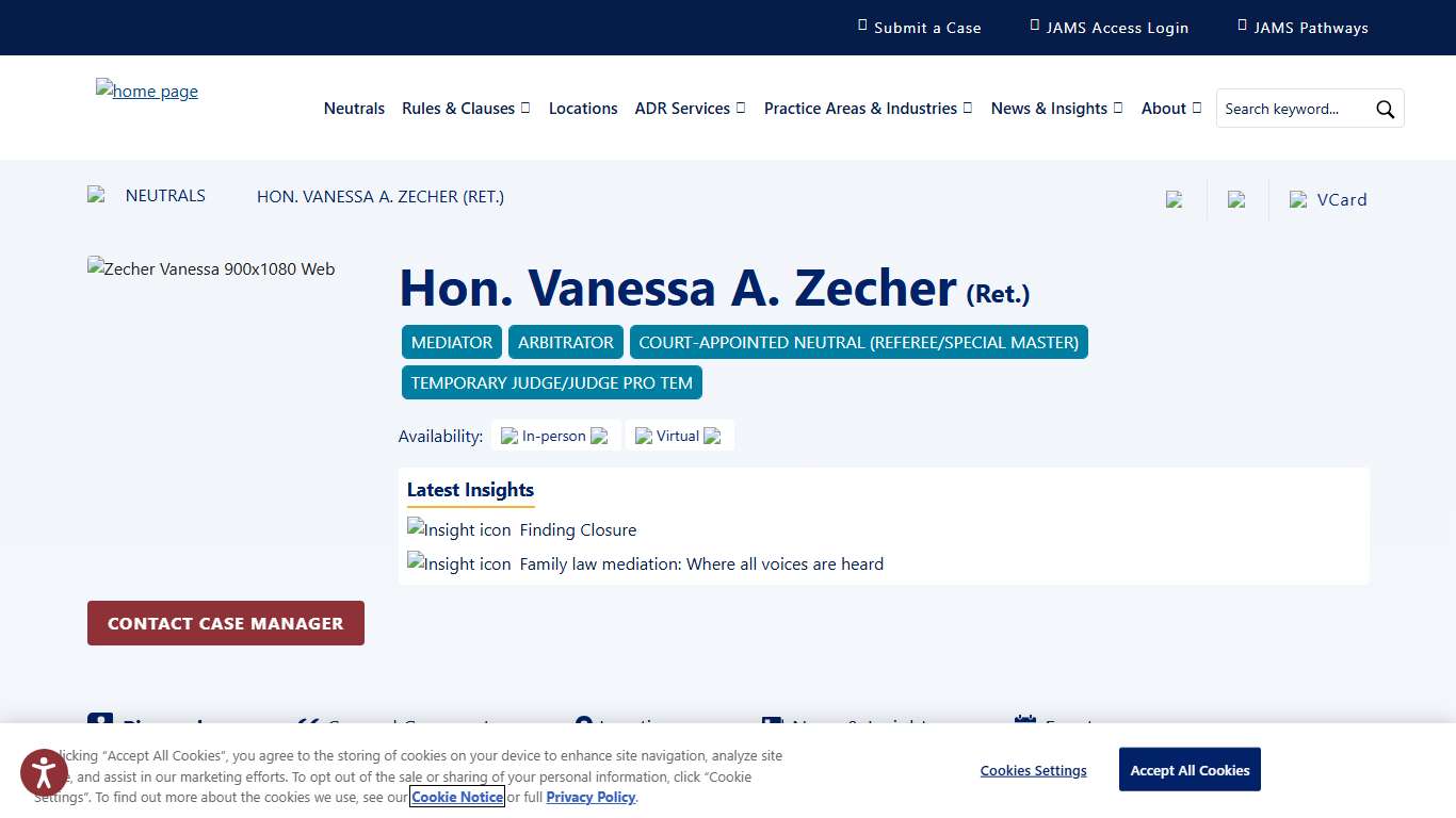 Hon. Vanessa A. Zecher (Ret.), JAMS Mediator and Arbitrator